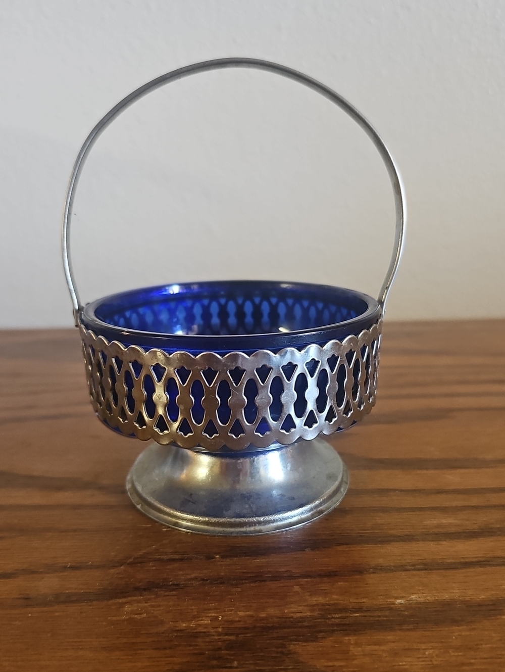 Cobalt Blue Glass Insert Silver Basket Relish/Condiment Dish Tote 7